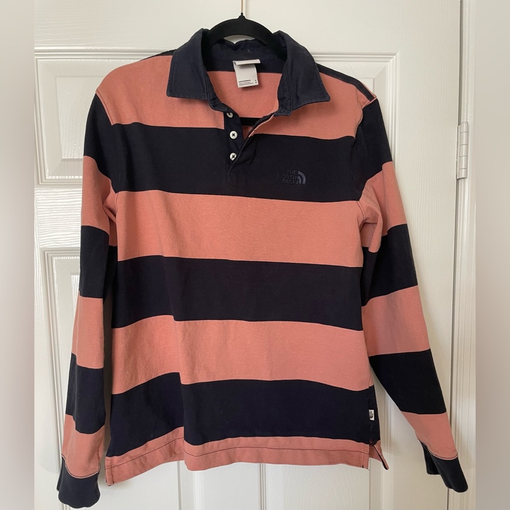 THE NORTH FACE Mens Berkeley Rugby Long Sleeve Shirt Pink Clay/Blue Size Medium